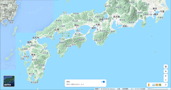 西日本を中心とした Google MAP 地形表示の画像